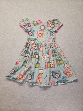 Kids Camera Print Twirl Dress in Light Teal by Sweet Petunia